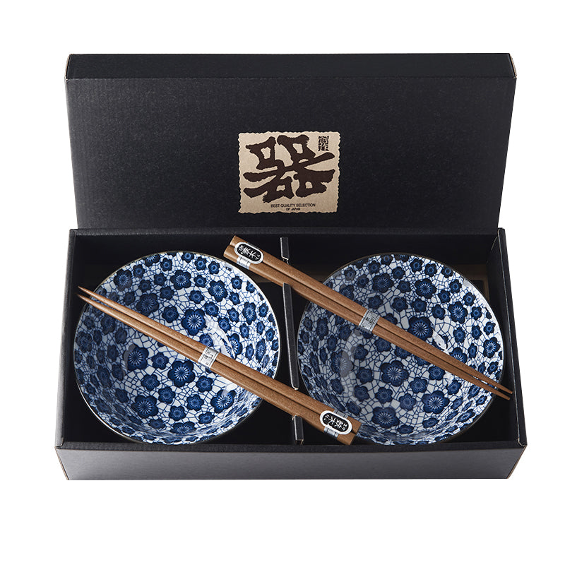 Bowl Set 2pcs with Chopsticks Blue Plum Design